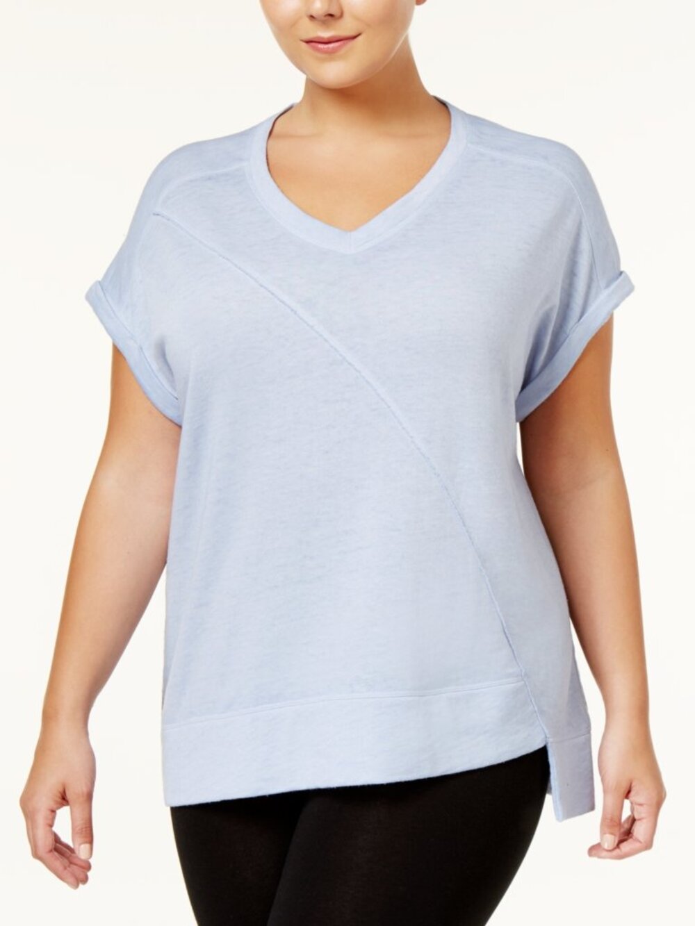 Calvin Klein Womens Plus Size Deep V Neck Short Sleeve Asymmetric Hem Top